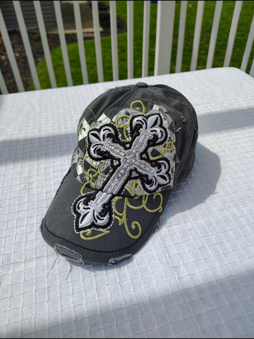Embroidered Cross Baseball Cap - Black with Gold Accents